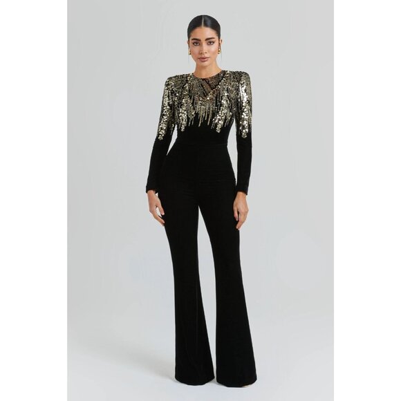 Nadine Merabi Katarina Black Gold Sequin Jumpsuit S/M NWT $545 - Picture 1 of 13